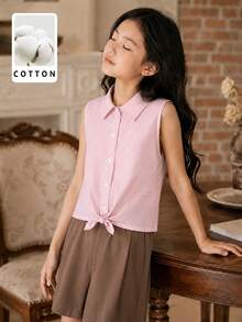Tween Girl Casual Preppy Style Pink Cotton Striped Tie-Up Sleeveless Shirt, Suitable For Vacation, Gatherings, Group Activities - Pink - View 3