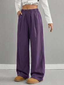 1pc Girls Solid Color Minimalist Comfortable Versatile Loose Fashion Back To School Long Pants - Purple - View 3