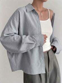 Camisa casual suelta y corta con cuello vuelto y rayas para mujer - Gris - Ver 1