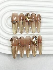 10pcs Gold Luxury Cat Eye Glitter Pointed Press-On Nail Tips, Sweet & Cool 3D Rhinestone Pearl Removable Fake Nails, Girls Gift Nail Art Supplies (1pc Jelly Sticker + 1pc Nail File) - 金色 - 查看 1