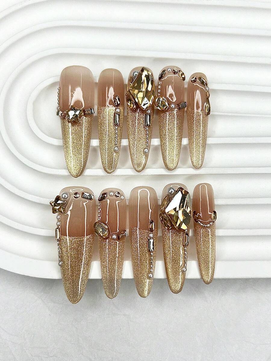 10pcs Gold Luxury Cat Eye Glitter Pointed Press-On Nail Tips, Sweet & Cool 3D Rhinestone Pearl Removable Fake Nails, Girls Gift Nail Art Supplies (1pc Jelly Sticker + 1pc Nail File) - 金色 - 查看 1