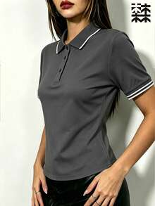 mulinsen 女款 Polo 衫，冰絲薄款運動領短袖 T 恤，透氣輕量跑步訓練上衣 - 深灰色 - 查看 8