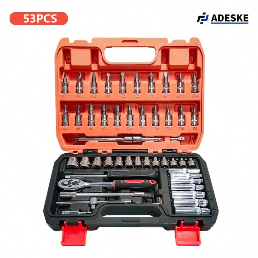 Kit Juego De Herramientas Manuales Completos Mecanicas 46 pcs Caja de Herramientas multifuncional Profesional, almacenamiento de accesorios de garaje, - Rojo - Ver 1