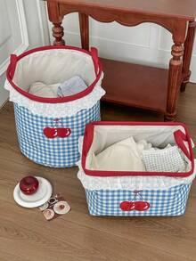 1pc Blue Plaid Cherry Storage Basket With Lace Trim Embroidery, Handheld Large Capacity Multi-Functional Clothes & Sundries Organizer Basket, All Season - Multicolor - View 1