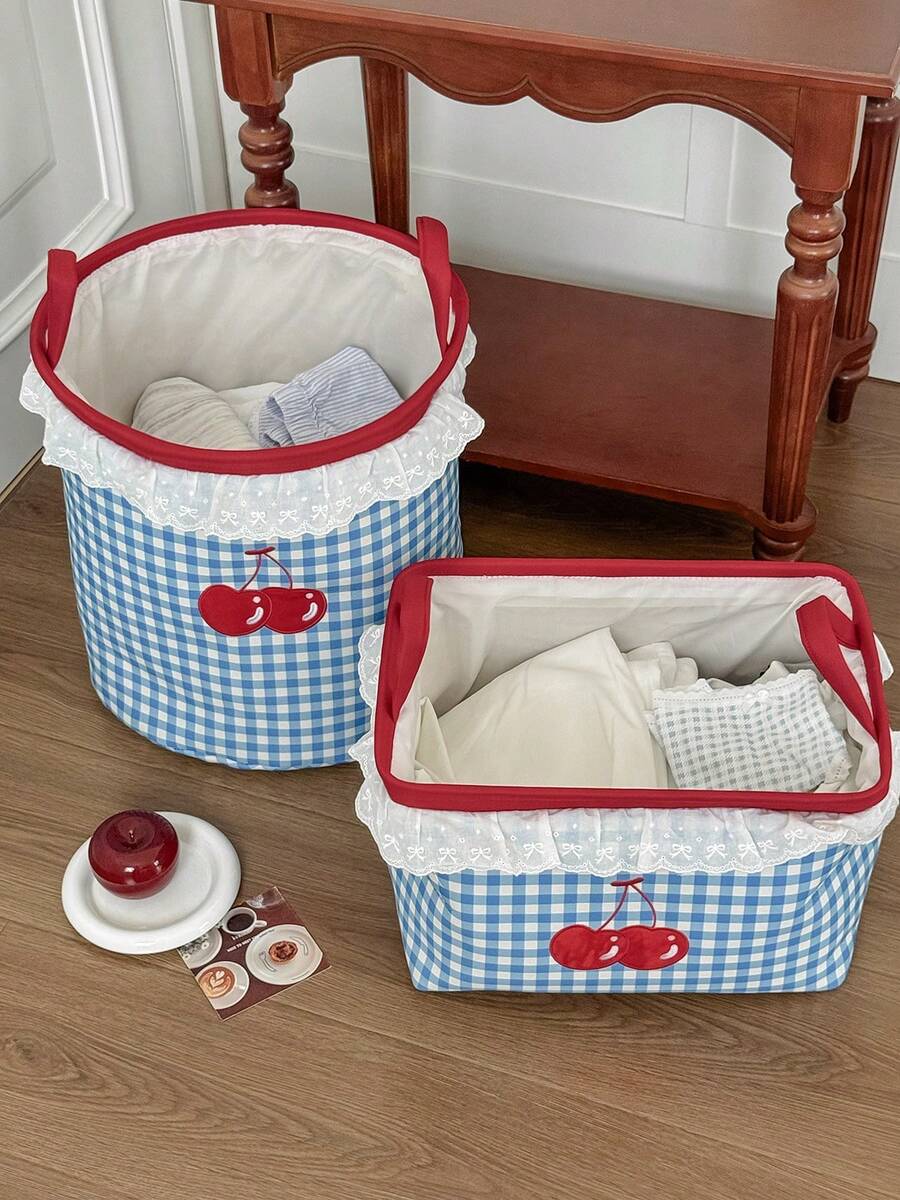 1pc Blue Plaid Cherry Storage Basket With Lace Trim Embroidery, Handheld Large Capacity Multi-Functional Clothes & Sundries Organizer Basket, All Season - Multicolor - View 1
