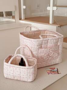 Rose Print Storage Basket With Dual Handles, Soft Quilted Floral Pattern With Pocket, Bedroom Clothes & Sundries, Clothing, Toys Organizer Storage Bin - Multicolor - View 7