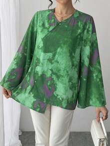 1 Stück Damen Bluse mit Batik-Muster, asymmetrischem Kragen, einreihiger Knopfleiste, asymmetrischem Saum und Glockenärmeln, eleganter chinesischer Stil, bequem und atmungsaktiv, perfekt für Strandurlaub, Arbeit, Alltag, Party, Bankett, Hochzeit und andere Anlässe - Grün - Übersicht 10