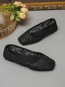 女款時尚方頭刺繡網紗芭蕾平底鞋，優雅風格，秋季日常穿著，通勤，黑色平底鞋，隨機花卉圖案 - 黑色纏枝花紋 - 查看 7
