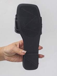 Women's Rhinestone Metal Buckle Square Toe Low Heel Flat Sandals French Fashion Summer Daily Wear Black Slides Plus Size - Black PU - View 8