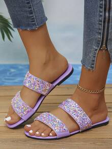 Women's Summer Two Strap Glitter Rhinestone Slide Sandals, Light Purple Sequin Flat Open Toe Slippers, Soft Sole Comfortable Slouchy Beach Vacation Party Casual Versatile Outdoor Sandals - Lilac Colored Shells - View 3