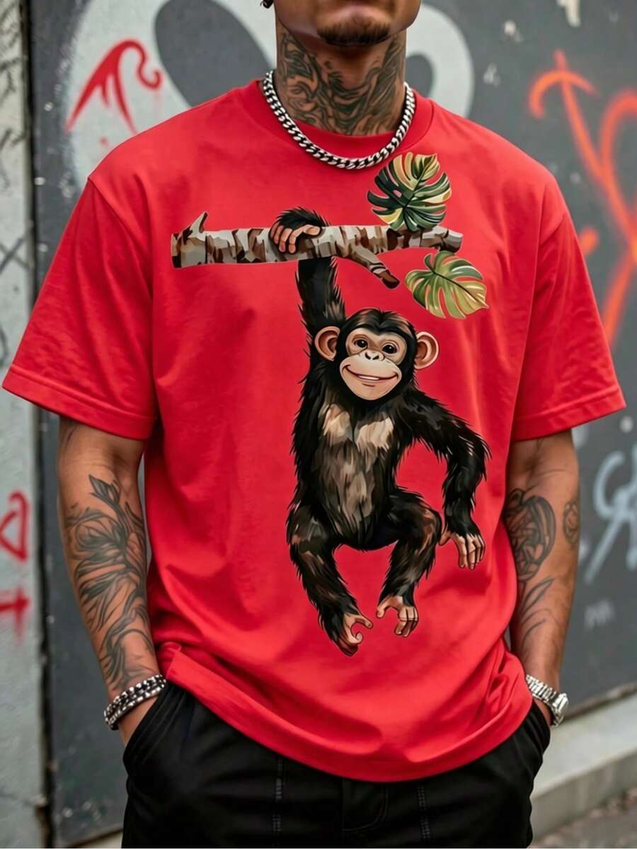 Men's Loose Fit T-Shirt, Smiling Black Chimpanzee Hanging With One Hand From A Birch Branch, Short Sleeve Summer Jungle Style Casual Streetwear T-Shirt. - 紅色 - 查看 1
