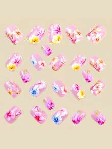 24pcs Stylish Luxurious Soft Pink Floral Medium Length European & American Square Press-On Nails, Easy To Stick, Long Lasting, Gentle On Natural Nails, Reusable False Nails - Multicolor - View 3