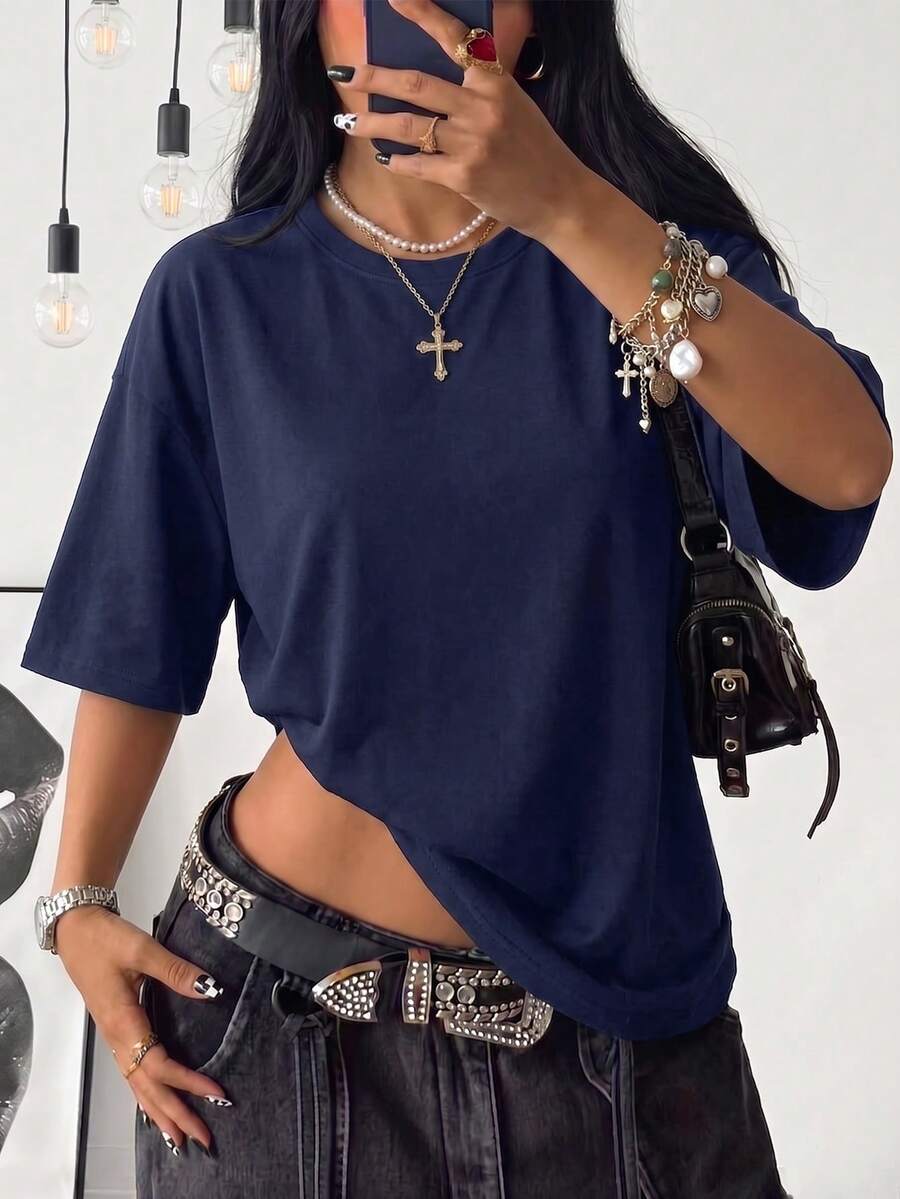 女款圓領短袖標準版型寬鬆T恤，時尚百搭休閒夏季新款上衣 - 藏蓝色 - 查看 1
