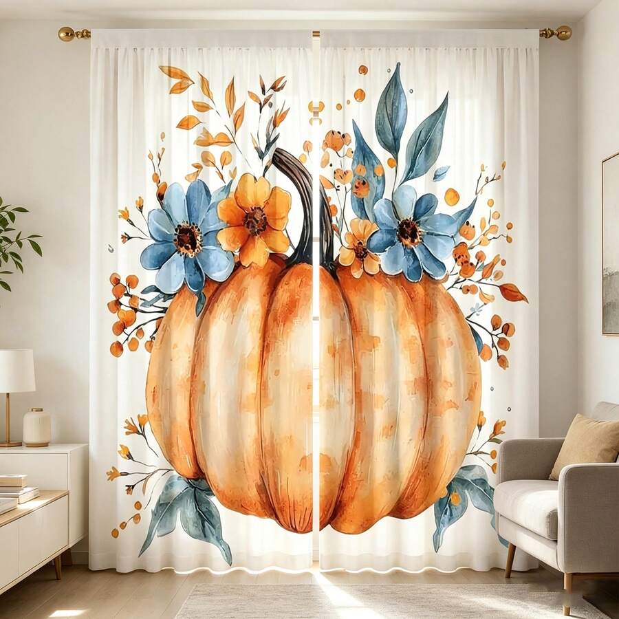 2PCS Artistic Pumpkins And Flowers Print Light Sheer Curtains,Semi-Sheer For Privacy Protection. Easy Rod Pocket Installation, Quick-Dry,Fade-Resistant After Washing, Lightweight And Washable. Ideal For Home, Room And Kitchen Decor & Space Dividers. - Multicolor - View 1