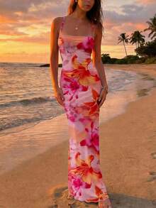 Elegant Women's Dress With Floral Print And Open Back, Summer Clothes, Beach Outfits For Women, Beach Vacation Clothes, Party Outfits, Bridesmaids - 玫瑰紅 - 查看 10