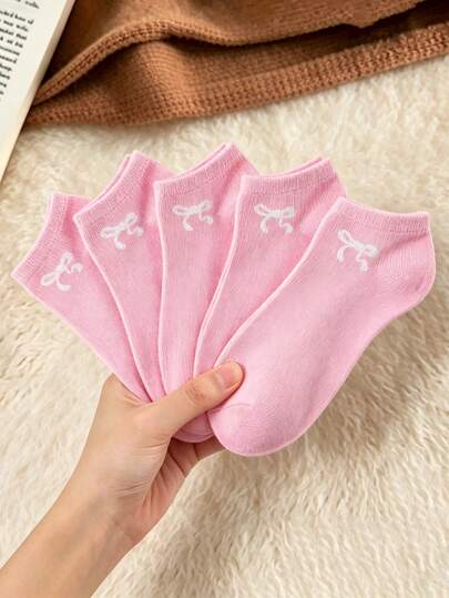 1/5/10/20 Pairs Women's Pink Socks With White Bows, Summer Back To School Student Breathable Elastic Sports Socks, Black Basic Ruffle Socks, Suitable For Campus, Gym, Wedding, Daily Wear, Christmas Gift