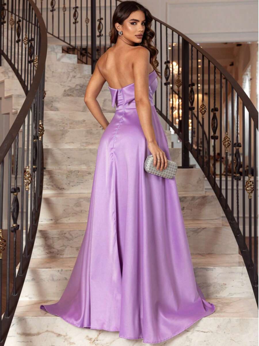 Strapless Party Dress With Crossover Back Closure. - Lilac Purple - View 1