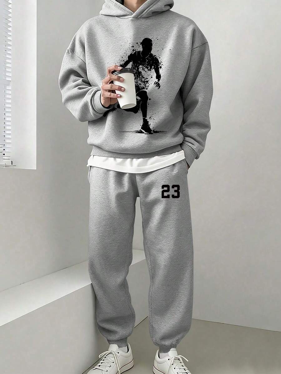 Youth Boy Cartoon Print Warm Hoodie And Pants Set - Grey - View 1