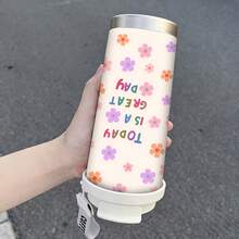 1/5pcs 18oz Stainless Steel Coffee Tumbler, Today Is A Great Day Colorful Floral Print Travel Mug, Multi-Function Flip Straw Lid, White COFFEE Lanyard Strap, Ideal Gift For Positive Ladies, Suitable For Picnic Travel Home Office Daily - Today Is a Beautiful Day. - View 3