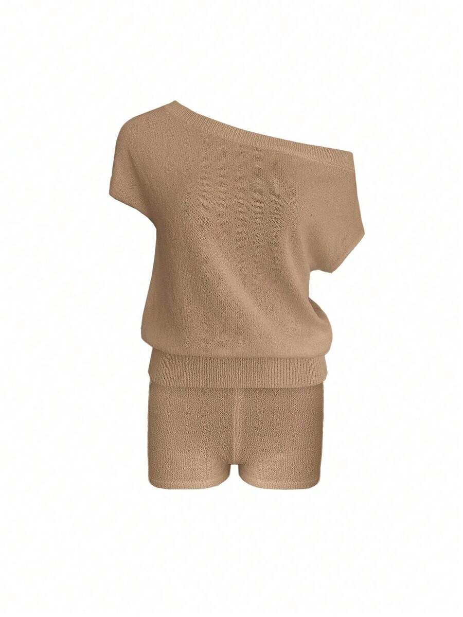 Conjunto casual de playa para mujer - Top de punto con hombros descubiertos de unicolor y shorts de pierna recta, adecuado para usar en primavera y verano - Caqui - Ver 1