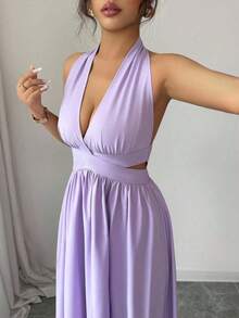 Elegante vestido sin mangas con cuello en V, diseño hueco en la cintura y pliegues, color morado, nueva llegada de primavera/verano - Celeste - Ver 7