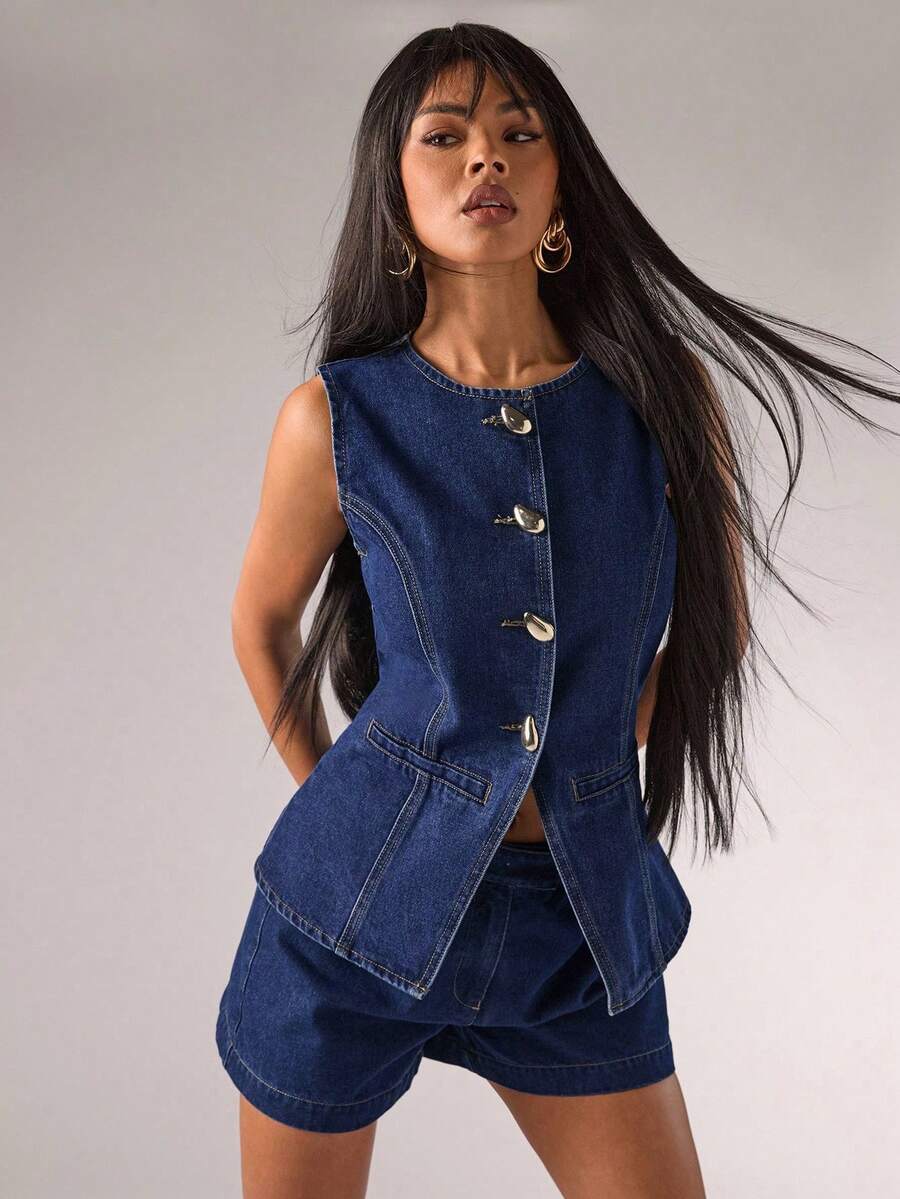 Top vaquero sin mangas con botones al frente, casual de verano para mujer - Azul lavado oscuro 2 - Ver 1