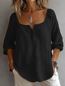 Plus Size Women's Solid Color Button Design Half-Open Front Shirt, Comfortable For Daily Wear Black - Black - View 1