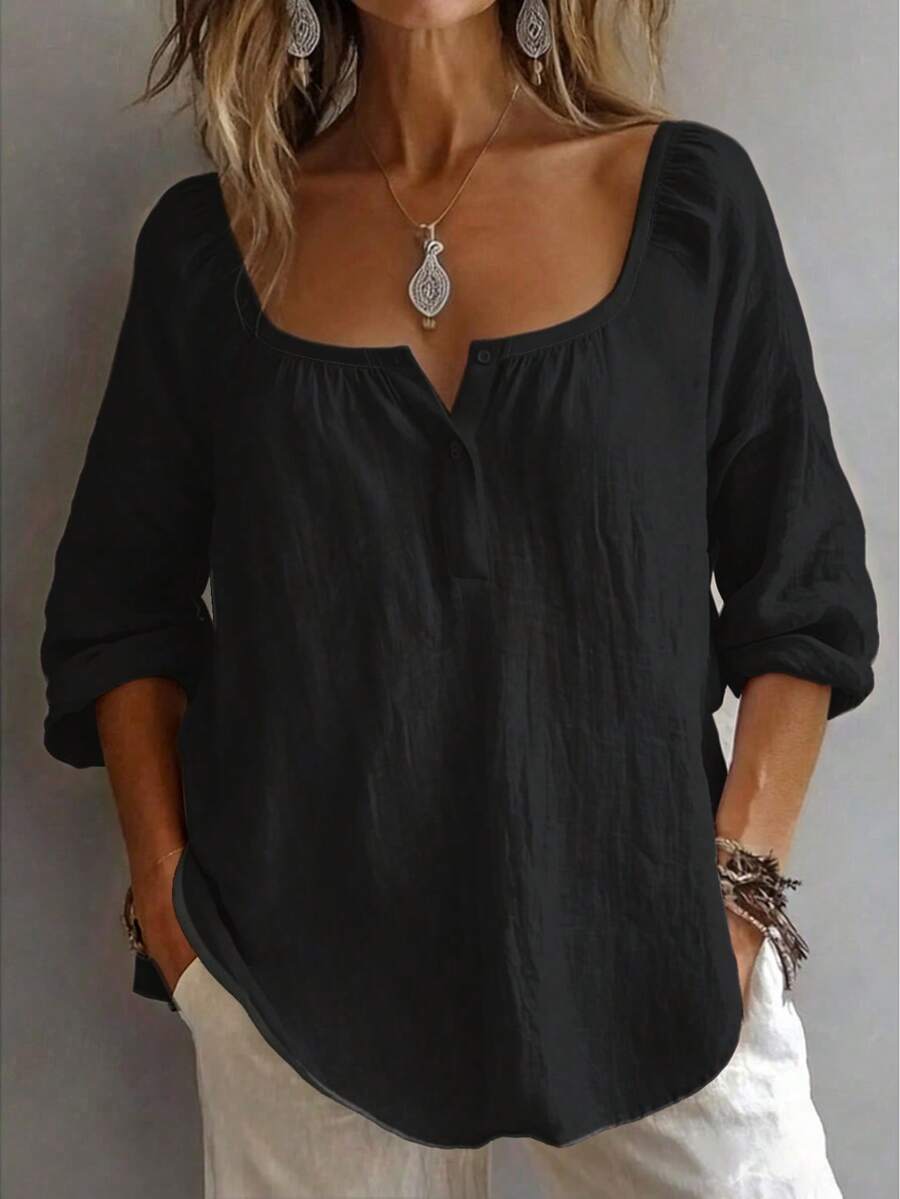 Plus Size Women's Solid Color Button Design Half-Open Front Shirt, Comfortable For Daily Wear Black - Black - View 1