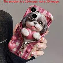 1 pieza Funda de teléfono con protección de pantalla de diseño de cachorro con cremallera, patrón de cuadros 2D lindo y borde ondulado, compatible con Apple 7/8/X/XR/XSMAX/11/12/13/14/15/16/17Promax, compatible con Samsung A14/A15/A16/A17/A04/A05/A06/A07/A54/A55/A56/A57/A34/A35A/36/A37/S26/S26Plus/S26Ultra, compatible con Transsion SMART7/8/9/10 - Blanco - Ver 3