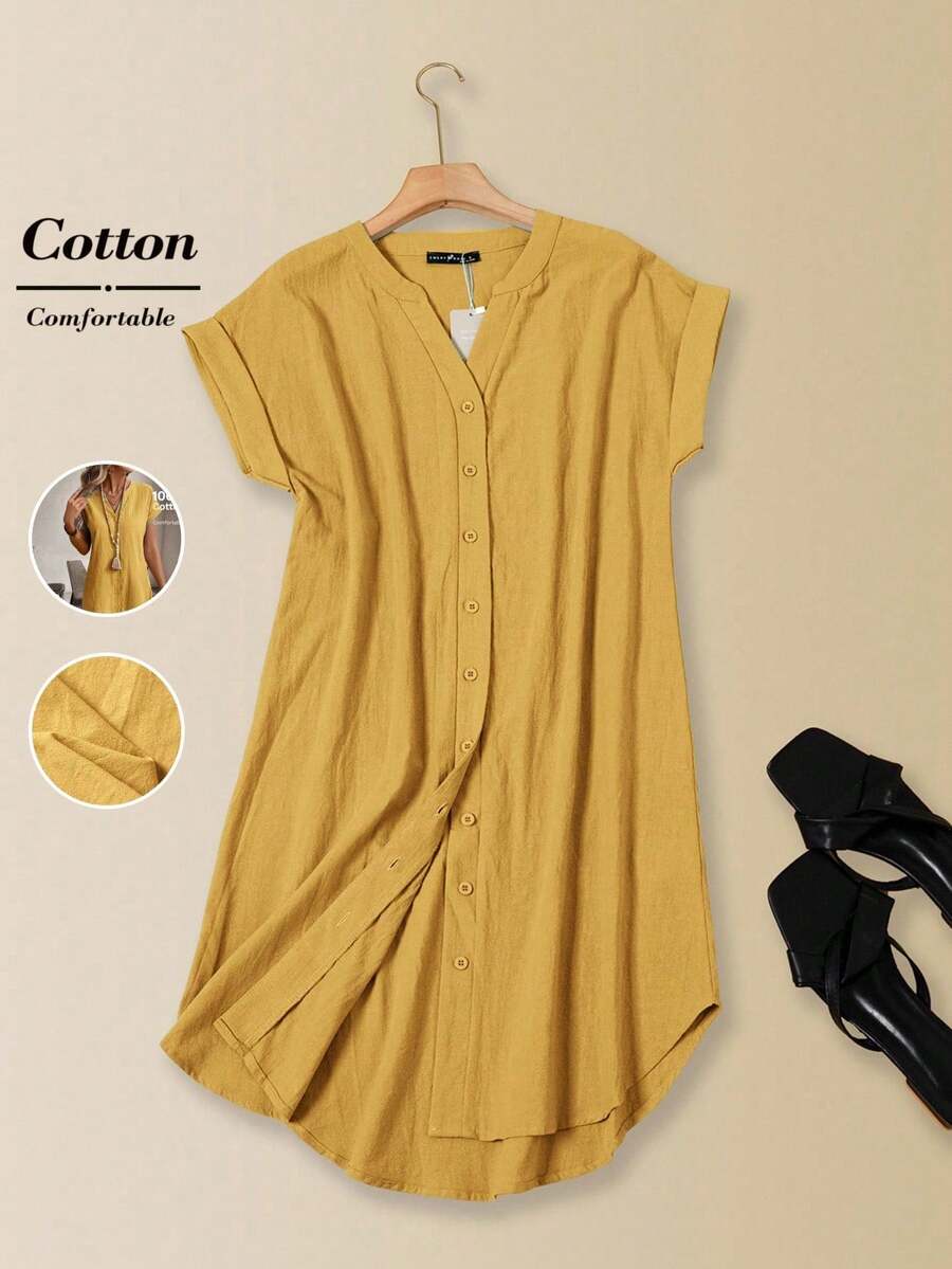 Women's Casual Solid-Color Mini Dress With Front Buttons And Short Sleeves - Yellow - View 1