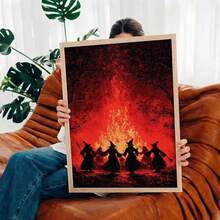 1pc Framed Canvas Wall Art, Vintage Red Fire Witch Gathering, Four Witches Holding Hands In Dark Forest, Gothic Dark Academia Eerie Halloween Witch Atmosphere Wall Decor - Campfire Witch - View 2