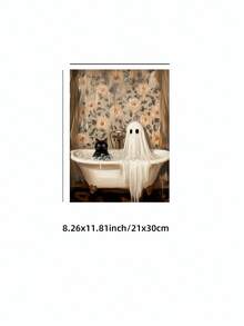 1pc Frameless Halloween Ghost Cat Bubble Bath Pattern Horror Bathroom Wall Art Poster, Aesthetic Apartment Living Room Bedroom Decor, Back To School Personalized Poster, Dorm Essentials - Frameless - View 12