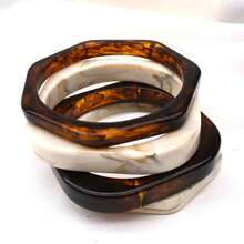 GNIT Tortoise Shell & Marble Pattern Resin Women's Bracelet, 4pcs/1pc Square Stackable Wide Vintage Statement Jewelry Set - White Brown. Translucent Coffee. White Brown. Translucent Coffee. - View 6
