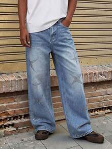 Vintage Silver Rhinestone Star Washed Blue Denim Jeans For Men, Retro Street Staggered Star Decor Draped Loose Fit Jeans, Suitable For Daily Commute And Streetwear, Low-Key Yet Distinctive - Blue - View 2