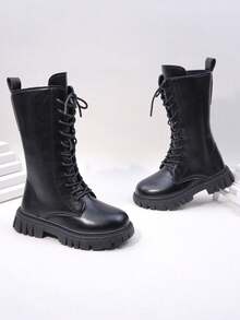 Girls' Black Lace-Up High-Top Boots, Side Zipper Thick Sole Anti-Slip Mid-Calf Boots For Autumn/Winter - Black - View 7