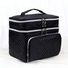 Large Capacity Quilted Makeup Bag With Handle And Zipper - Multi-Functional Double Layer Travel Cosmetic Storage Bag, Black Fabric With Woven Pattern And Silver Zipper, Large Size Makeup Bag, Compartmentalized Storage, Convenient And Organized - Black - View 8