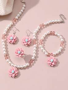 5pcs/Set Girls Elegant Floral Pendant Pearl Necklace, Bracelet, Earrings, Ring Jewelry Set, Suitable For Daily Wear And Holiday Gifts - one-size - View 4
