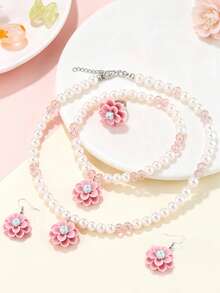 5pcs/Set Girls Elegant Floral Pendant Pearl Necklace, Bracelet, Earrings, Ring Jewelry Set, Suitable For Daily Wear And Holiday Gifts - one-size - View 2