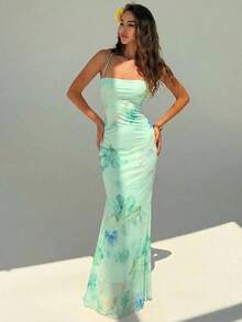 Elegant Women's Dress With Floral Print And Open Back, Summer Clothes, Beach Outfits For Women, Beach Vacation Clothes, Party Outfits, Bridesmaids - 薄荷藍 - 查看 7