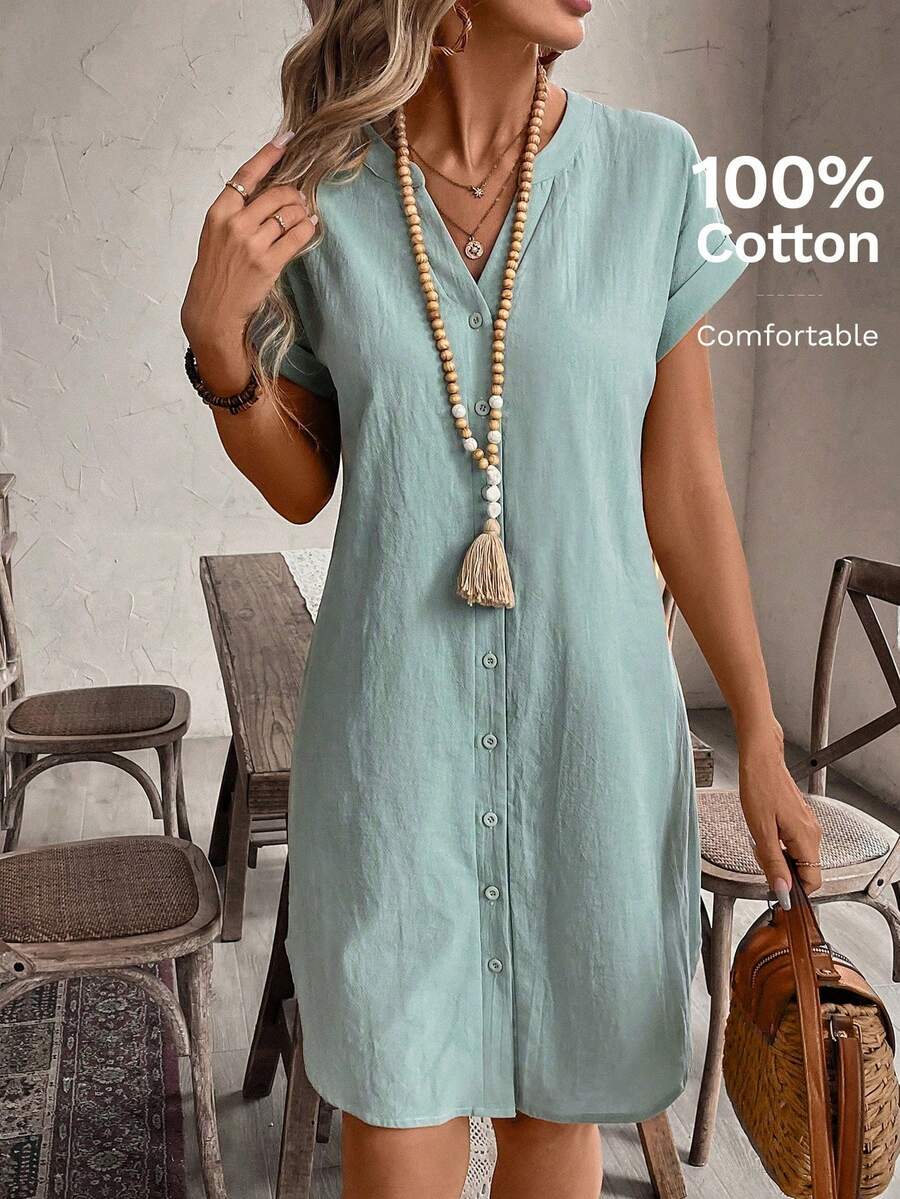 Women's Casual Solid-Color Mini Dress With Front Buttons And Short Sleeves - Green - View 1