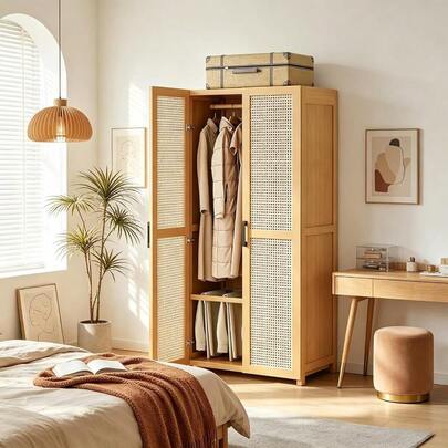Armario de Bambú con Puertas de Ratán y Perchero, Closet Armables para Ropa, Ropero Alto con Estantes y Barra para Colgar Ropa, Diseño Moderno y Ventilado, Adecuado para Dormitorios y Lavaderos(M-B)