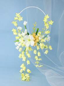 1/3pcs Elegant White Floral Handheld Wreath, Artificial Peony And Lily Of The Valley Bridal Wreath, Wedding Ceremony Accessory - Yellow - View 6