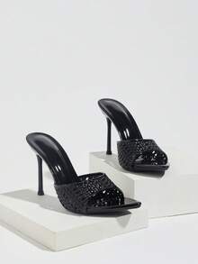 Women's Shiny Woven Mule High Heel Shoes, Spring/Summer Nightclub Party Evening Gala Shopping Commuting Runway Stage Wedding Home Casual Shoes, Pointed Toe Stiletto High Heel Sexy Open Toe Sandals, High-Quality Soft Mirror Finish Fabric, Slip-On Elegant Sophisticated Mysterious Shoes, Elegant Fashion High Heel Sandals - Black - View 6