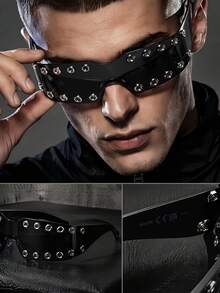 Lunettes décoratives sans monture punk sombres à rivets, style mode street Y2K millénaire hot girl tech, lunettes de mode punk européen et américain pour pose de fête, design bicolore contrasté, lunettes de mode street hip-hop pour fête et festival de musique - Multicolore - Voir 10