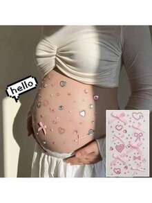 3D甜美風水鑽蝴蝶結孕婦肚貼，孕期拍照道具，亮片身體貼紙，適用準媽媽、寶寶迎新派對與性別揭曉派對，1組 - 多款式多色 - 查看 10