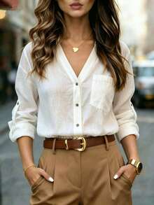 Women's White Polyester Button-Down Shirt, Long Sleeves With Roll-Up Feature, Shirt Collar, Regular Length Casual Top, Suitable For Spring And Autumn - White - View 4