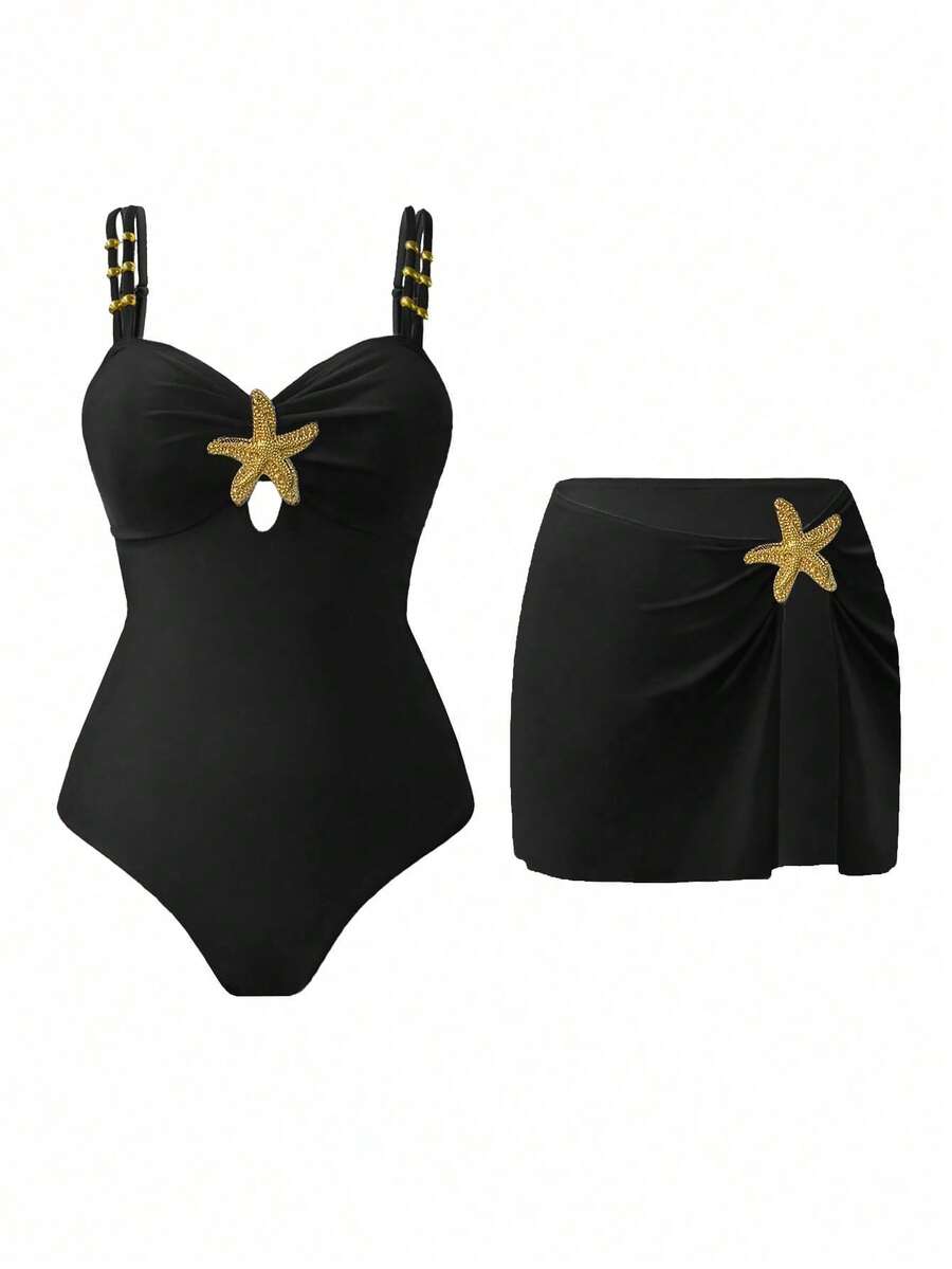Swim 1 pieza Mono de baño casual con decoración de pentágrama lindo para mujer - Negro - Ver 1