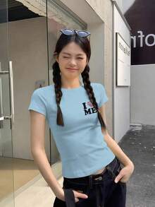 女款愛心字母印花方領短袖T恤，美式辣妹風夏季小眾獨特休閒上衣 - 天 藍色 - 查看 5
