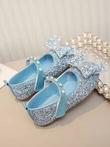 Girls' Pearl & Rhinestone Princess Shoes With Bow Decor, Soft Sole, Casual Versatile For Spring, Summer, Autumn - Blue - View 5