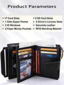 Dompet Pria Kulit Asli Klasik, Pemblokiran RFID, 12 Slot Kartu, 2 Kompartemen Uang Kertas, 1 Kantong Koin dengan Resleting, 2 Slot Kartu SIM - Hitam - View 3